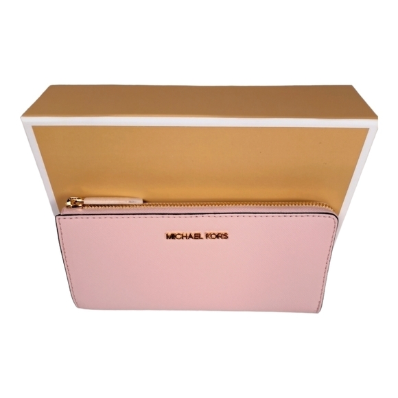 Michael Kors Jet Set Wallet Travel Large Three Qtr Zip Leather Powder Blush nwt - Picture 1 of 7